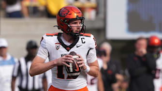 Oct 26, 2024; Berkeley, California, USA; Oregon State Beavers quarterback Ben Gulbranson (17) drops back to pass against the Oregon State Beavers during the second quarter at California Memorial Stadium. Mandatory Credit: Darren Yamashita-Imagn Images
