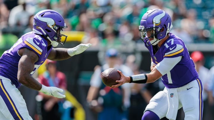 Aug 24, 2024; Philadelphia, Pennsylvania, USA; Minnesota Vikings quarterback Matt Corral (17) hands off to Minnesota Vikings running back DeWayne McBride (27) during the fourthquarter at Lincoln Financial Field.