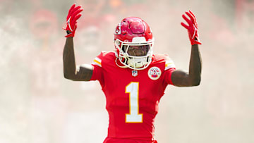 Sep 15, 2024; Kansas City, Missouri, USA; Kansas City Chiefs wide receiver Xavier Worthy (1) takes the field prior to a game against the Cincinnati Bengals at GEHA Field at Arrowhead Stadium. Mandatory Credit: Jay Biggerstaff-Imagn Images