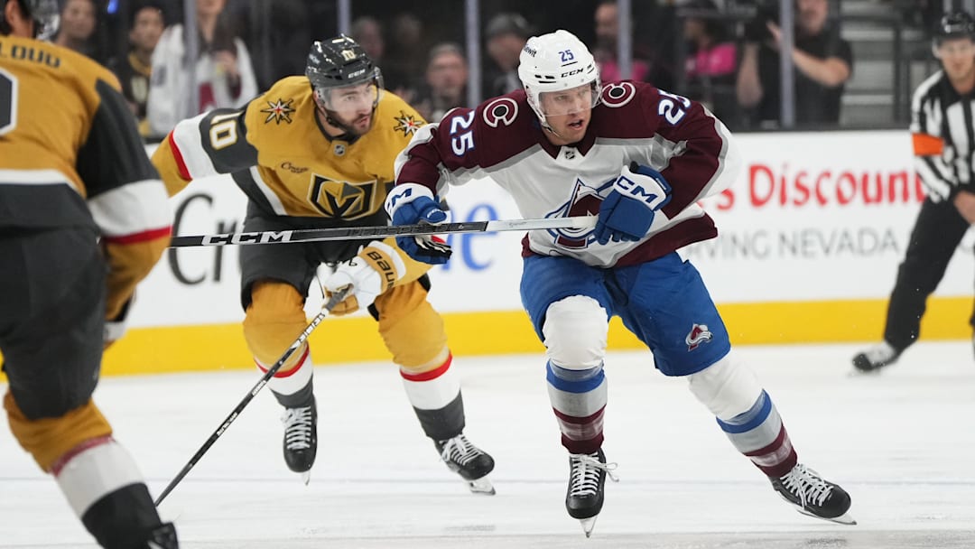Oct 9, 2024; Las Vegas, Nevada, USA; Colorado Avalanche right wing Logan O’Connor (25) skates ahead of Vegas Golden Knights center Nicolas Roy (10) during the first period at T-Mobile Arena. Mandatory Credit: Lucas Peltier-Imagn Images Oct 9, 2024; Las Vegas, Nevada, USA; Colorado Avalanche right wing Logan O’Connor (25) skates ahead of Vegas Golden Knights center Nicolas Roy (10) during the first period at T-Mobile Arena. Mandatory Credit: Lucas Peltier-Imagn Images