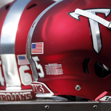 Sep 3, 2022; Oxford, Mississippi, USA; The Troy Trojans red helmet against the Mississippi Rebels at Vaught-Hemingway Stadium. Mandatory Credit: Petre Thomas-USA TODAY Sports