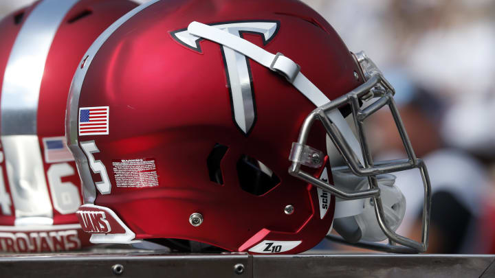 Sep 3, 2022; Oxford, Mississippi, USA; The Troy Trojans red helmet against the Mississippi Rebels at Vaught-Hemingway Stadium. Mandatory Credit: Petre Thomas-USA TODAY Sports