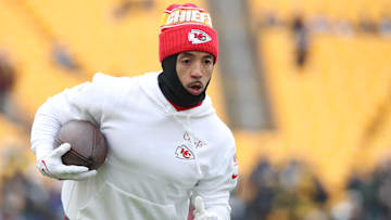 Dec 25, 2024; Pittsburgh, Pennsylvania, USA;  Kansas City Chiefs wide receiver Nikko Remigio (81) warms up before the game against the Pittsburgh Steelers at Acrisure Stadium. Mandatory Credit: Charles LeClaire-Imagn Images