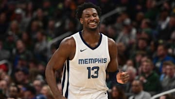Apr 3, 2024; Milwaukee, Wisconsin, USA; Memphis Grizzlies forward Jaren Jackson Jr. (13) reacts in the third quarter against the Milwaukee Bucks at Fiserv Forum. Mandatory Credit: Benny Sieu-Imagn Images