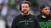 Nov 29, 2025; Seattle, Washington, USA; Oregon Ducks head coach Dan Lanning during the second half against the Washington Huskies at Husky Stadium. Mandatory Credit: Steven Bisig-Imagn Images