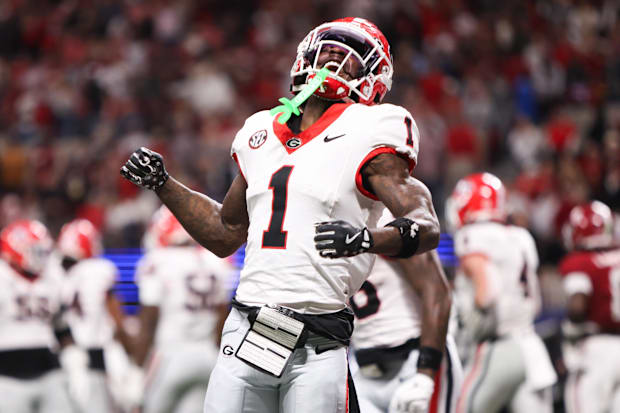 Georgia wide receiver Zachariah Branch celebrates after scoring a touchdown during the fourth quarter against Alabama.
