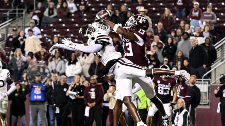 Nov 11, 2023; College Station, Texas, USA; Mississippi State Bulldogs cornerback Esaias Furdge (2) breaks up a pass intended for Texas A&M Aggies wide receiver Micah Tease (13) during the fourth quarter at Kyle Field. Mandatory Credit: Maria Lysaker-USA TODAY Sports