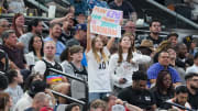 Mar 25, 2024; San Antonio, Texas, USA; A San Antonio Spurs fan holds up a sign for Spurs forward Jeremy Sochan (10) in the first half against the Phoenix Suns at Frost Bank Center.