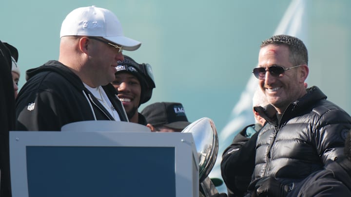 Philadelphia Eagles general manager Roseman with the Vince Lombardi Trophy during the Super Bowl LIX championship parade and rally. 