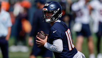 Jul 24, 2025; Englewood, CO, USA; Denver Broncos quarterback Bo Nix (10) during Denver Broncos Training Camp. 