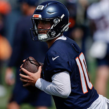 Jul 24, 2025; Englewood, CO, USA; Denver Broncos quarterback Bo Nix (10) during Denver Broncos Training Camp. 
