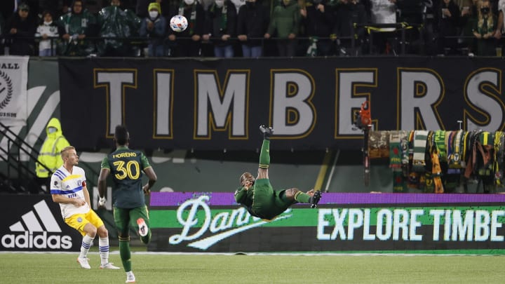 Oct 27, 2021; Portland, Oregon, USA; Portland Timbers forward Dairon Asprilla (27) scores on a bicycle kick during the second half against the San Jose Earthquakes at Providence Park. Mandatory Credit: Soobum Im-USA TODAY Sports
