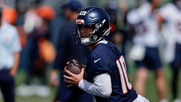 Jul 24, 2025; Englewood, CO, USA; Denver Broncos quarterback Bo Nix (10) during Denver Broncos Training Camp. Mandatory Credit: Isaiah J. Downing-Imagn Images