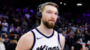 Mar 27, 2025; Sacramento, California, USA; Sacramento Kings forward Domantas Sabonis (11) is interviewed by the media after a game against the Portland Trail Blazers at Golden 1 Center.