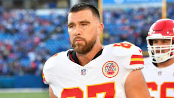 Nov 2, 2025; Orchard Park, New York, USA; Kansas City Chiefs tight end Travis Kelce (87) walks the sideline before the game against the Buffalo Bills at Highmark Stadium. Mandatory Credit: Mark Konezny-Imagn Images