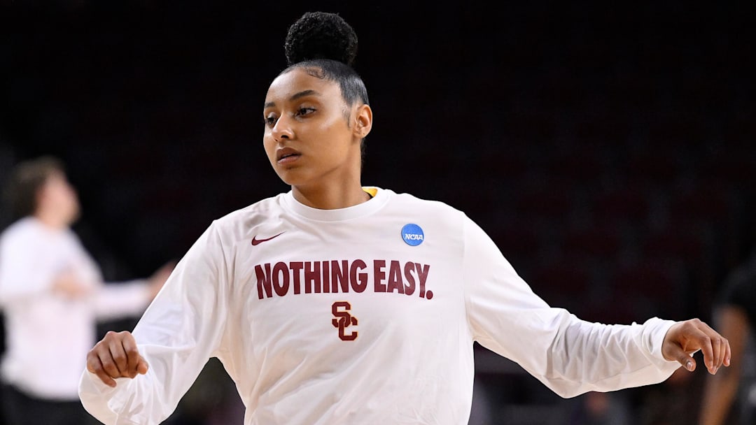 Mar 24, 2025; Los Angeles, California, USA; USC Trojans guard JuJu Watkins during pregame warmup before an NCAA Tournament second round game against the Mississippi State Bulldogs at Galen Center. Mandatory Credit: Robert Hanashiro-Imagn Images
