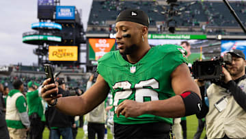 Dec 29, 2024; Philadelphia, Pennsylvania, USA; Philadelphia Eagles running back Saquon Barkley (26) walks off the field after a victory against the Dallas Cowboys at Lincoln Financial Field. Mandatory Credit: Bill Streicher-Imagn Images