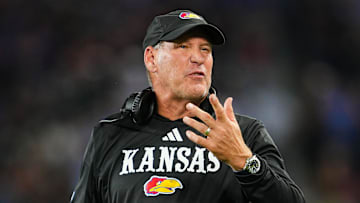 Sep 13, 2024; Kansas City, Kansas, USA; Kansas Jayhawks head coach Lance Leipold reacts after a play during the second half against the UNLV Rebels at Children's Mercy Park. Mandatory Credit: Jay Biggerstaff-Imagn Images