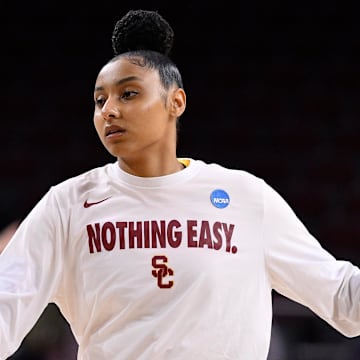 Mar 24, 2025; Los Angeles, California, USA; USC Trojans guard JuJu Watkins during pregame warmup before an NCAA Tournament second round game against the Mississippi State Bulldogs at Galen Center. Mandatory Credit: Robert Hanashiro-Imagn Images