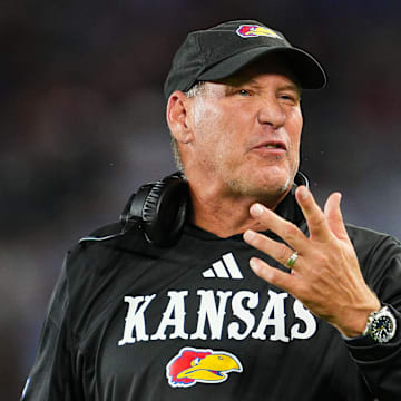 Sep 13, 2024; Kansas City, Kansas, USA; Kansas Jayhawks head coach Lance Leipold reacts after a play during the second half against the UNLV Rebels at Children's Mercy Park. Mandatory Credit: Jay Biggerstaff-Imagn Images