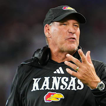 Sep 13, 2024; Kansas City, Kansas, USA; Kansas Jayhawks head coach Lance Leipold reacts after a play during the second half against the UNLV Rebels at Children's Mercy Park.