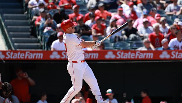 Los Angeles Angels designated hitter Mike Trout (27) hits a home run during the sixth inning against the Baltimore Orioles