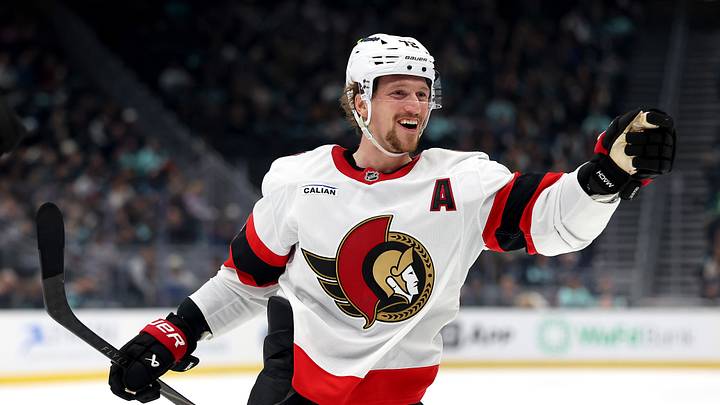 Ottawa Senators defenceman Thomas Chabot celebrating a goal during an Ottawa Senators vs Seattle Kraken game