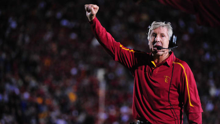 October 3, 2009; Berkeley, CA, USA; USC Trojans head coach Pete Carroll calls a play during the fourth quarter against the California Golden Bears at Memorial Stadium. The Trojans defeated the Golden Bears 30-3. Mandatory Credit: Kyle Terada-USA TODAY Sports