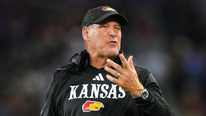 Sep 13, 2024; Kansas City, Kansas, USA; Kansas Jayhawks head coach Lance Leipold reacts after a play during the second half against the UNLV Rebels at Children's Mercy Park. Mandatory Credit: Jay Biggerstaff-Imagn Images