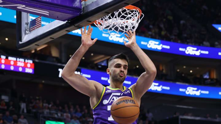 Apr 11, 2024; Salt Lake City, Utah, USA; Utah Jazz center Omer Yurtseven (77) dunks the ball against the Houston Rockets during the first quarter at Delta Center. Mandatory Credit: Rob Gray-USA TODAY Sports