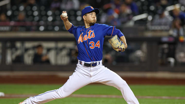 Sep 27, 2023; New York, NY, USA; New York Mets starting pitcher Kodai Senga (34) delivers a pitch during the first inning against the Miami Marlins at Citi Field.  Mandatory Credit: Vincent Carchietta-USA TODAY Sports