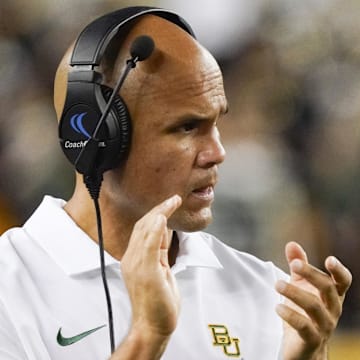Sep 2, 2023; Waco, Texas, USA; Baylor Bears head coach Dave Aranda on the side lines during the second half against the Texas State Bobcats at McLane Stadium. Mandatory Credit: Raymond Carlin III-Imagn Images