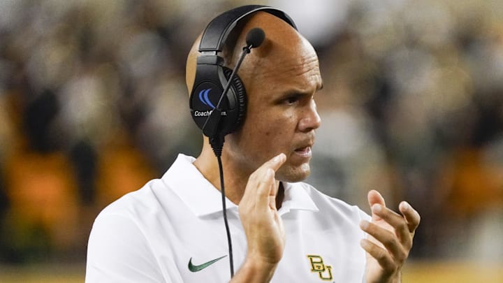 Sep 2, 2023; Waco, Texas, USA; Baylor Bears head coach Dave Aranda on the side lines during the second half against the Texas State Bobcats at McLane Stadium. Mandatory Credit: Raymond Carlin III-Imagn Images