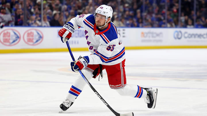 Feb 22, 2025; Buffalo, New York, USA; New York Rangers defenseman Ryan Lindgren (55) takes a shot on goal during the first period against the Buffalo Sabres at KeyBank Center. Mandatory Credit: Timothy T. Ludwig-Imagn Images Feb 22, 2025; Buffalo, New York, USA; New York Rangers defenseman Ryan Lindgren (55) takes a shot on goal during the first period against the Buffalo Sabres at KeyBank Center. Mandatory Credit: Timothy T. Ludwig-Imagn Images