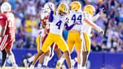 Nov 15, 2025; Baton Rouge, Louisiana, USA;  LSU Tigers cornerback Mansoor Delane (4) reacts to a stop on fourth down against the Arkansas Razorbacks during the second half at Tiger Stadium.