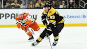 Boston Bruins left wing Brad Marchand controls the puck against the Anaheim Ducks
