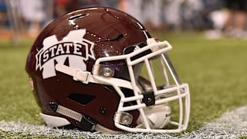 Dec 26, 2016; St. Petersburg, FL, USA; A Mississippi State Bulldogs helmet on the field prior to the game between the Miami Redhawks and the Mississippi State Bulldogs at Tropicana Field. 