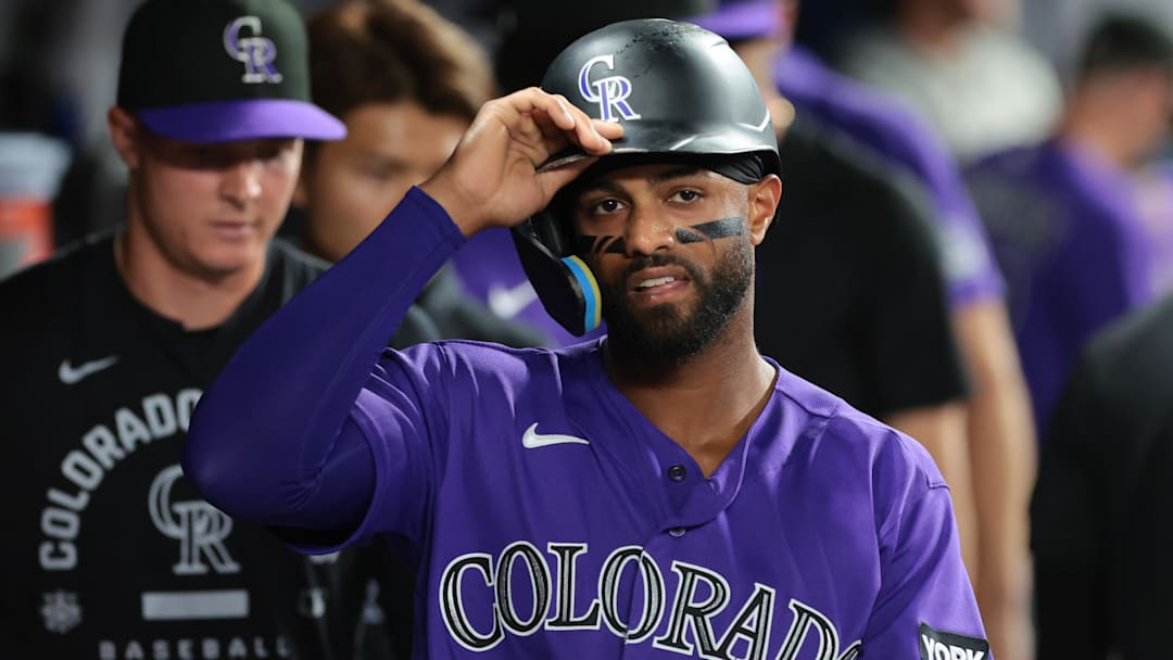 Rockies second baseman Willi Castro (3) celebrates after scoring against the Miami Marlins during the fourth inning at loanDepot Park. 
