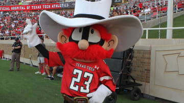 Sep 30, 2023; Lubbock, Texas, USA;  The Texas Tech Red Raiders mascot on the sidelines in the second half during the game against the Houston Cougars at Jones AT&T Stadium and Cody Campbell Field. Mandatory Credit: Michael C. Johnson-USA TODAY Sports