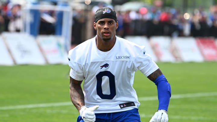 Jul 24, 2024; Rochester, NY, USA; Buffalo Bills wide receiver Keon Coleman (0) runs a pass route during training camp at St. John Fisher University. Mandatory Credit: Mark Konezny-USA TODAY Sports