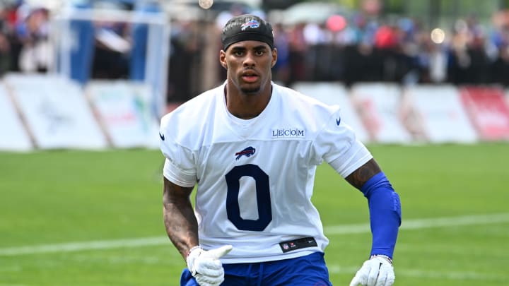 Jul 24, 2024; Rochester, NY, USA; Buffalo Bills wide receiver Keon Coleman (0) runs a pass route during training camp at St. John Fisher University. Mandatory Credit: Mark Konezny-USA TODAY Sports