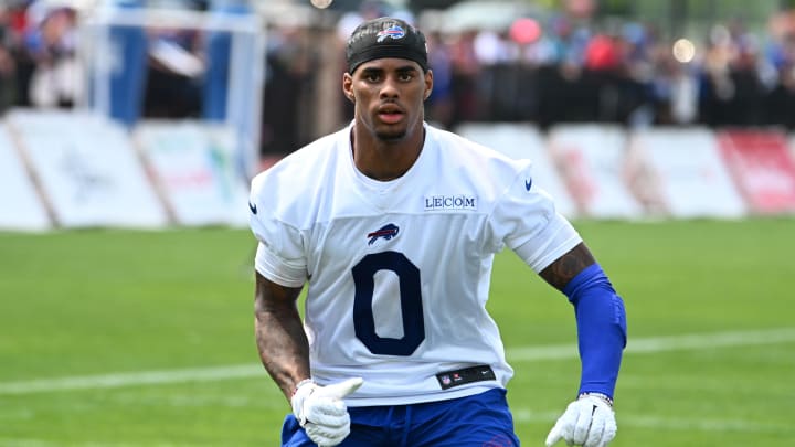 Jul 24, 2024; Rochester, NY, USA; Buffalo Bills wide receiver Keon Coleman (0) runs a pass route during training camp at St. John Fisher University. Mandatory Credit: Mark Konezny-USA TODAY Sports