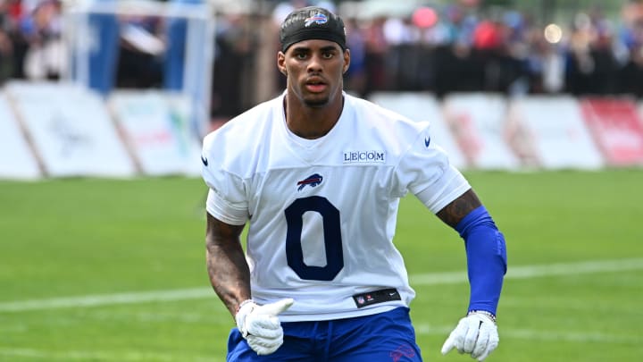 Bills wide receiver Keon Coleman runs a pass route during training camp at St. John Fisher University.