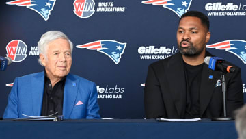 Jan 17, 2024; Foxborough, MA, USA; New England Patriots head coach Jerod Mayo (right) addresses