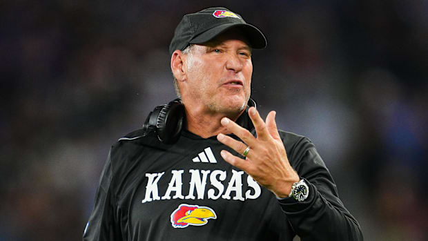 Kansas head coach Lance Leipold shows frustration during the Jayhawks upset loss to UNLV