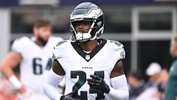 Aug 15, 2024; Foxborough, MA, USA; Philadelphia Eagles cornerback James Bradberry IV (24) warms up before a game against the New England Patriots at Gillette Stadium.