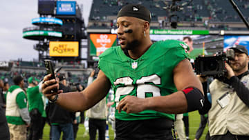 Dec 29, 2024; Philadelphia, Pennsylvania, USA; Philadelphia Eagles running back Saquon Barkley (26) walks off the field after a victory against the Dallas Cowboys at Lincoln Financial Field. Mandatory Credit: Bill Streicher-Imagn Images