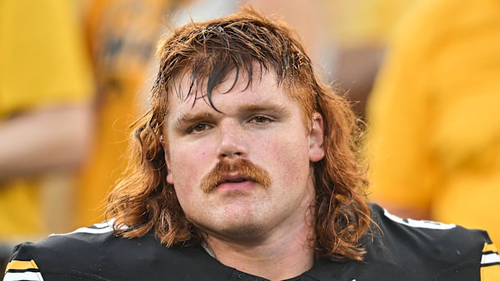 Sep 13, 2025; Iowa City, Iowa, USA; Iowa Hawkeyes offensive lineman Gennings Dunker (67) looks on before the game against the Massachusetts Minutemen at Kinnick Stadium. Mandatory Credit: Jeffrey Becker-Imagn Images