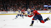 Feb 27, 2025; Washington, District of Columbia, USA; Washington Capitals left wing Alex Ovechkin (8) shoots the puck against the St. Louis Blues in the first period at Capital One Arena. Mandatory Credit: Geoff Burke-Imagn Images
