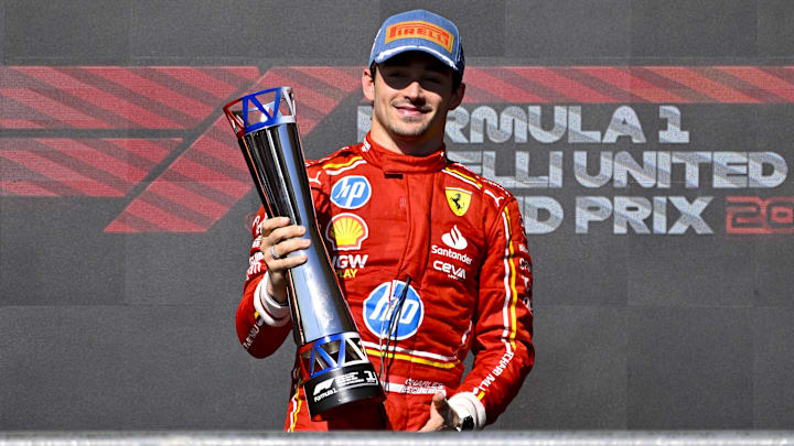 Leclerc celebrates after winning the U.S. Grand Prix. Leclerc celebrates after winning the U.S. Grand Prix.